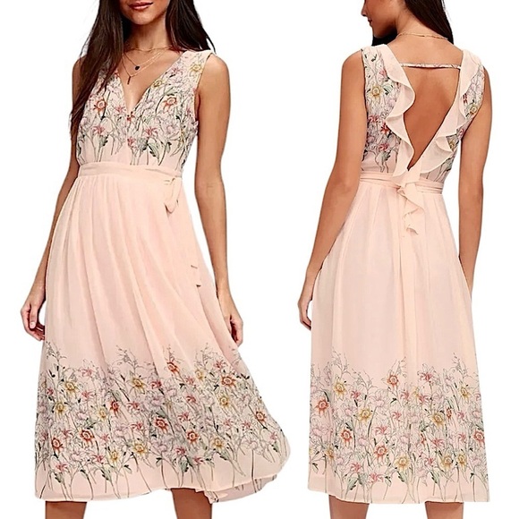 ASTR the Label Bristol Blush Pink Floral Print Midi Dress V-Neck Wrap Dress Sz S - Picture 3 of 16